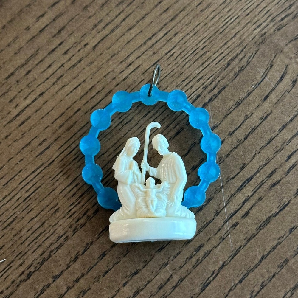 Vintage Nativity Scene Ornament Blue Beaded Halo Holy Family Plastic Pendant